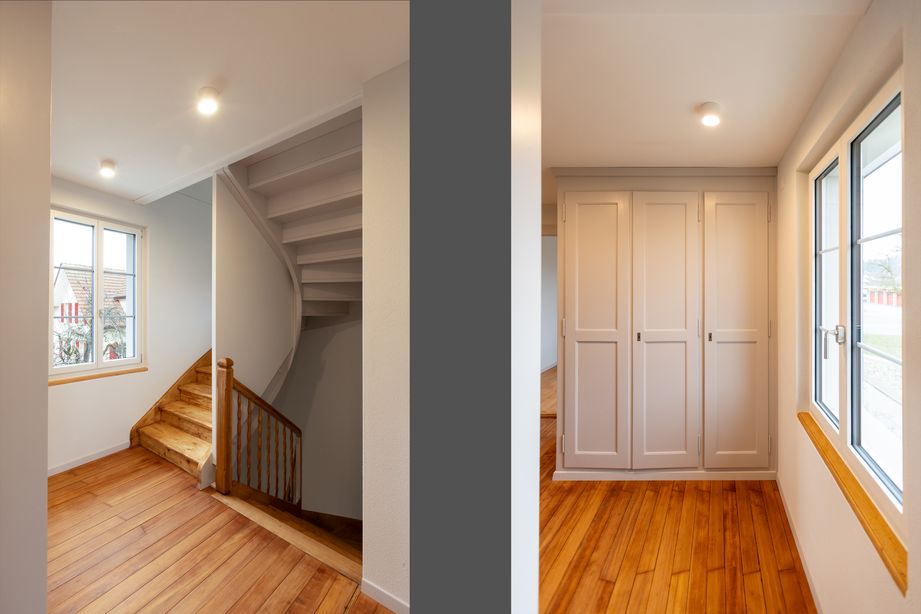 Treppenansicht mit Geländer und Einbauschrank